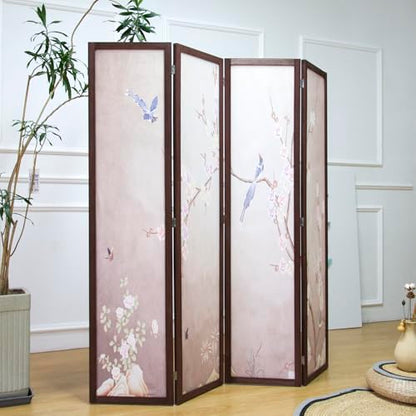 4 Panel Fabric Room Divider with Pattern, 5.6 ft Tall Folding Privacy Screen for Room Separation, Thickened Wood Frame Freestanding Partition Wall, Colourful Plum (67" H x 63" W) - color: Colorful Plum