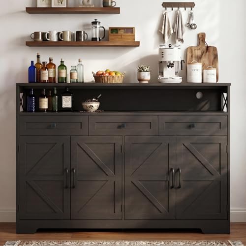 Lahomie 55" Sideboard Buffet Storage Cabinet, Coffee Bar Cabinet,Dark Brown | Coffee Bar Station with Power Outlet, Farmhouse Sideboard with 3 Drawers Adjustable Shelves Open Shelf, Kitchen, Living Room - color: Dark Brown, size: 55"W