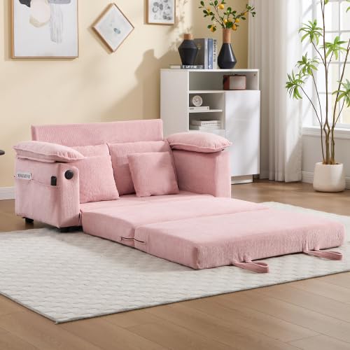 3-in-1 Convertible Sofa Bed, Upholstered Pull Out Loveseat Sleeper Sofabed | Foldable Loveseat Sleeper Couch with Pillows & Cushion, Space‑Saving Lounge Mattress Sofa for Living Room/Apartment, Pink - color: Pink