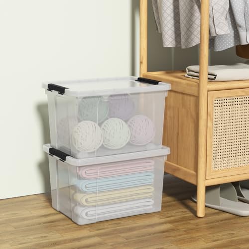 Set of 4 Storage Bins with Wheels, 23 L Clear Latch Boxes with Lids | Clear thick plastic, black side latch lid, built-in bottom rolling wheels, fit closet, bedroom and garage organization - size: 23 L