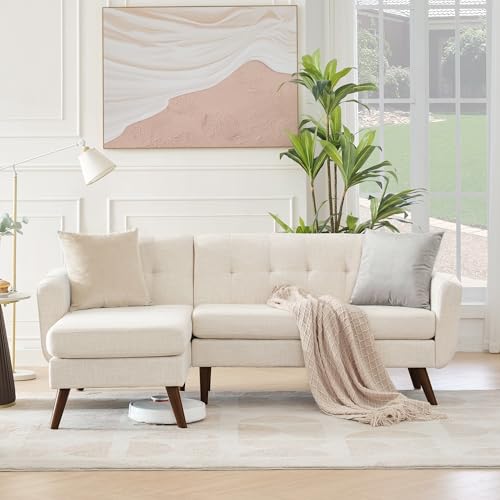 Tbfit L Shaped Couch Sofa, 80" W Mid-Century Modern Sectional Couches, 3 Seater Sofas with Wide Chaise Lounge, Button Tufted Upholstered Sectional Sofa for Living Room, Bedroom, Beige - color: Beige, size: 80" L-shape