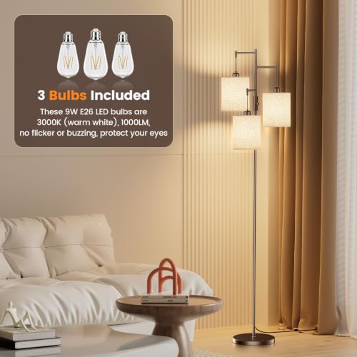 Dimmable Floor Lamp, Tall Standing Lamp with Linen Shade, Industrial Tree Floor Lamps for Living Room Bedroom Office, 3 x 1000LM LED Bulbs Included