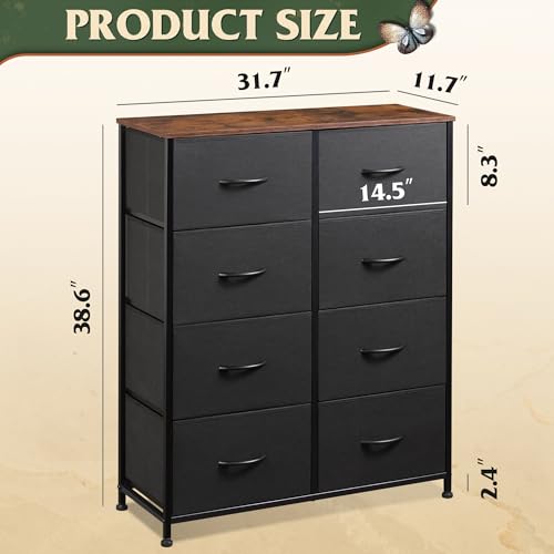 WLIVE Tall Fabric Dresser with 8 Drawers, Storage Tower with Fabric Bins, Double Dressers, Chest of Drawers for Closet, Bedroom, Living Room, Hallway, Dorm, Black and Rustic Brown | Black tall 8-drawer fabric dresser with bins, sleek modern tower for bedr