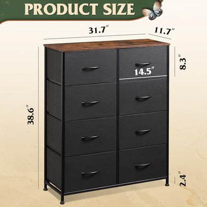 WLIVE Tall Fabric Dresser with 8 Drawers, Storage Tower with Fabric Bins, Double Dressers, Chest of Drawers for Closet, Bedroom, Living Room, Hallway, Dorm, Black and Rustic Brown | Black tall 8-drawer fabric dresser with bins, sleek modern tower for bedr