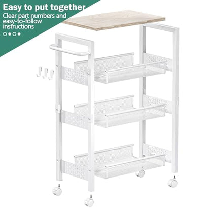 Vivihomety 4-Tier Laundry Utility Rolling Cart with Wheels, Kitchen & Bath | Narrow 8.1" wide, lockable wheels, wood top panel, metal frame, for laundry room, small spaces, pantry, tight gaps, White - color: White, size: 8.1 inch wide
