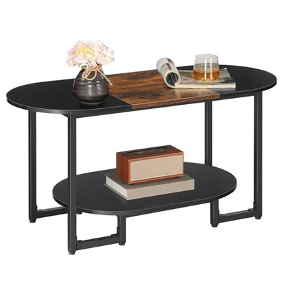 HOOBRO Coffee Table for Living Room, Oval Small Coffee Table with 2-Tier Open Storage Shelf, Industrial Cocktail Tea Table, Wooden Desktop Center Table, Home Office, Rustic Brown and Black BFK09KF01 - color: Rustic Brown and Black