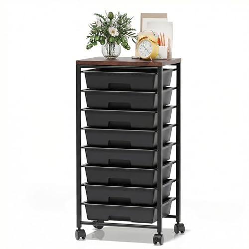 Rolling Cart with 8 Drawers, Storage Drawers Cart with Wooden Tabletop and Lockable Wheels, Craft Storage for Living Room, Office, Classroom, Craft Room, Bedroom (Black) - color: Black