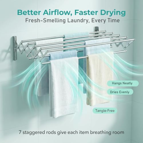 Wall Mount Drying Rack for Laundry Room, Retractable Stainless Steel Towel Bar, Collapsible Accordion Clothes Dryer, Space Saving Wall Mounted Laundry Rack for Bathroom, Balcony & RV