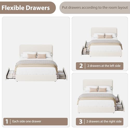 GarveeHome Queen Size Bed Frame with 2 Storage Drawer, Cream Beige | Teddy Fleece Thick Upholstered Platform Bed Frame with Adjustable Headboard, No Box Spring Needed - size: Queen