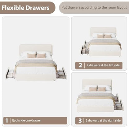 GarveeHome Queen Size Bed Frame with 2 Storage Drawer, Cream Beige | Teddy Fleece Thick Upholstered Platform Bed Frame with Adjustable Headboard, No Box Spring Needed - size: Queen