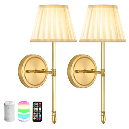 Battery Operated Wall Sconces with Dimmable Led Bulds and Remote | Gold Wireless Wall Lights Set of 2, Fabric Rechargeable 10000mAh Wall Mounted Lamp for Bedroom, Living Room, Hallway - color: Gold