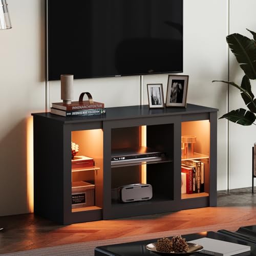 WLIVE Small TV Stand for 43/40/32 Inch TVs, Modern Entertainment Center with RGB LED Lights & Adjustable Glass Shelves, Compact Media Console Table for Bedroom, Living Room, Black - color: Black, size: 39" Modern TV Stand