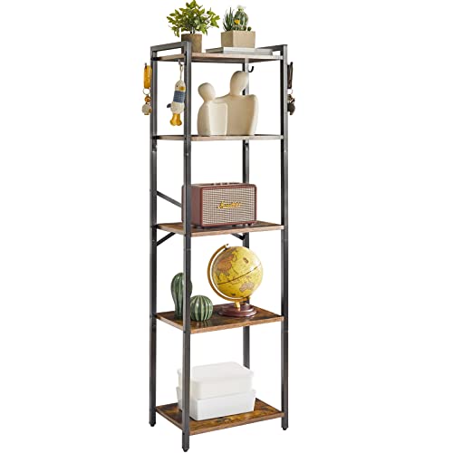 YMYNY Bookshelf, 5-Tier Ladder Shelf Organizer, Narrow Shelving Unit, Corner Storage Racks, Large Capacity Bookcase, for Home Office Living Room Balcony Bathroom, 57.7" H, Metal Frame,UHBC005H - color: Rustic Brown, size: 5 Tiers