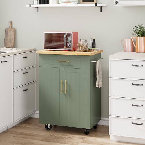 Shintenchi Kitchen Island cart with Storage, Portable Bar Cabinet on Wheels, Rolling Microwave Cart Side Table with Workstation for Kitchen, Dinning Room, Green - color: Green-26 Inch