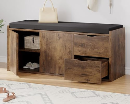 LVB Entryway Shoe Bench, Rustic Storage Bench with Cushioned Seating | Long Hidden Shoe Storage Bench with 2 Drawers, Industrial Wooden Shoe Benchs in Hallway Living Room Bedroom, Rustic Brown - color: Rustic Brown