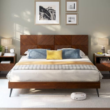 Bme Rhombus King Bed Frame – Solid Rubber Wood with Geometric Rhombus Headboard, Walnut Finish, Scandinavian Modern Platform Bed with Sturdy Slats & Metal Legs, No Box Spring Needed - color: Walnut, size: King, style: Scandinavian