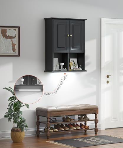 HAIOOU Bathroom Wall Cabinet with Motion Sensor Light, 23.6 Inch - Black | Wooden Wall Mounted Medicine Cabinet with Adjustable Shelf, Soft Close Hinges for Over the Toilet Bathroom Storage - color: Black