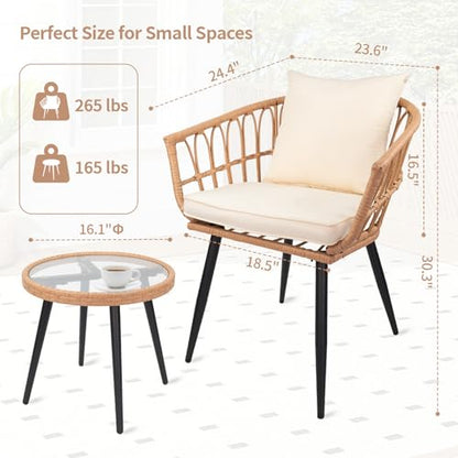 3-Piece Patio Dining Set, Featuring a Round PE Rattan Table and 2 Chairs, Suitable for Bedrooms, Porches and Gardens All-Weather Furniture Set Includes Tempered Glass, Thick Cushions - size: 3 Pieces