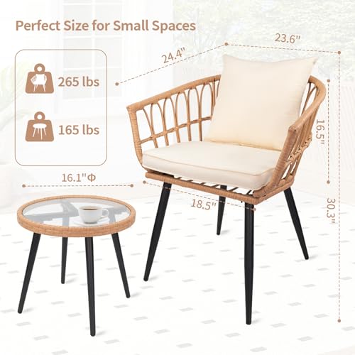 3-Piece Patio Dining Set, Featuring a Round PE Rattan Table and 2 Chairs, Suitable for Bedrooms, Porches and Gardens All-Weather Furniture Set Includes Tempered Glass, Thick Cushions - size: 3 Pieces