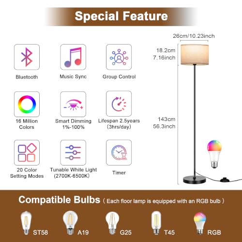 FRIDEKO HOME Floor Lamp for Living Room - Bedroom Standing Tall Lamps with Remote & Color Changing Light Bulbs - Dimmable Mordern Corner Lights for Office with Beige Shade - color: Beige
