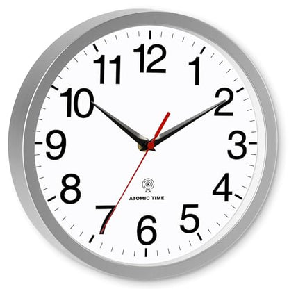 Wall Clock Analog 14 Inch Atomic Battery Operated Silent Clock | Silver, Easy To Read, Non Ticking, Round, Accurate, Kitchen, Living Room, Classroom, Office, School - color: Atomic_silver, size: 14 Inch