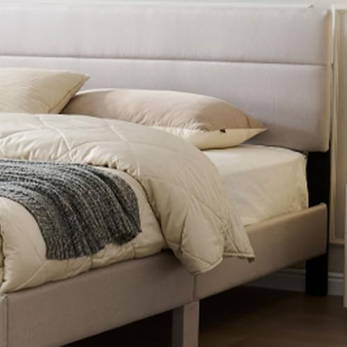 Kings Brand Furniture Verona Upholstered Wooden Bed Frame with Headboard, Low-Profile Platform Design - Solid Wood Platform with Accent Legs for Bedroom (Brown/Gold) (Full) - size: Full