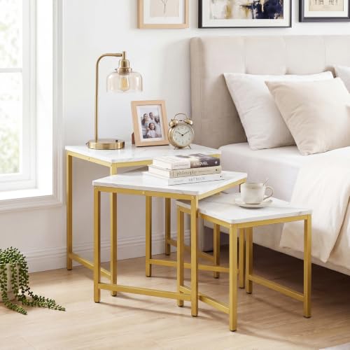Giantex Nesting Coffee Table Set of 3, Small Center Tables, White | Faux Marble Coffee Table with Metal Frame, Space-Saving Stacking End Table for Small Space - color: White & Gold