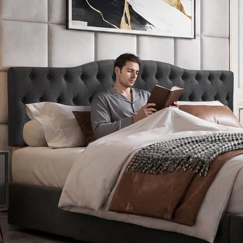 Iroomy Upholstered King Headboard, Button Diamond Tufted Headboard with Adjustable Height and Solid Wood Leg, Velvet Padded Headboards for King Size Bed, Modern Head Board, Dark Grey - color: Dark Grey, size: King