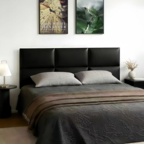 Black Stick-On Wall Mounted Headboard - 6-Piece Modular Bed Backboard for Queen Size Beds, 24 x 12 Inches Each, Easy-to-Install, Sound-Proofing, and Decorative Bed Headboard for Modern Bedrooms - color: Leather-black