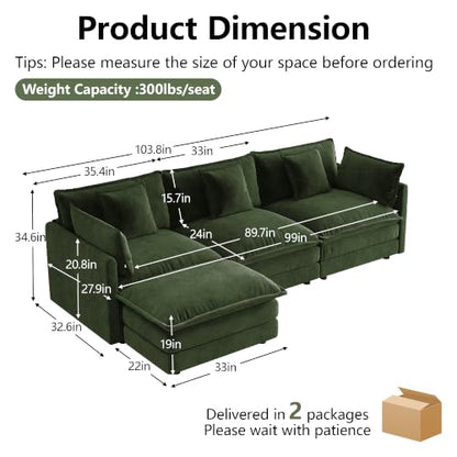 3 Seater Sectional Sofa,103.8 inch L-Shape,Green | Chenille Deep Seat Sofa with Pillow for Living Room, Bedroom and Apartment - color: Green, size: 103.8Inch-L
