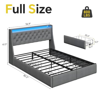 SADENICEL Full Size Bed Frame with 4 Storage Drawer, Full Bed Frame, Grey | Headboard with Charging Station and LED Lights, Metal Platform Bed with Storage Shelf, Noise Free, No Box Spring Needed - size: Full, style: 4 Storage Drawer