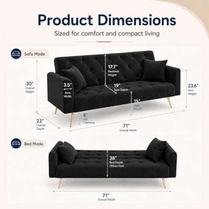 Majnesvon 71" Convertible Folding Sleeper Sofa Couch,Modern Velvet Loveseat Sleeper with 2 Pillows, Futon Sofa Bed with Mattress and Frame for Living Room,Bedroom,Small Space (Black) - color: Black