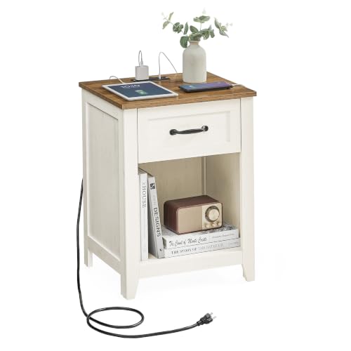 VASAGLE Farmhouse Nightstand with Charging Station, 1 Drawer | Bedside Table, Side Table with Open Compartment, for Bedroom, Rustic White and Honey Brown, LIRY Collection ULET659K41 - color: Rustic White + Honey Brown, size: 1 PACK, style: 17.7"W x 23.6"H