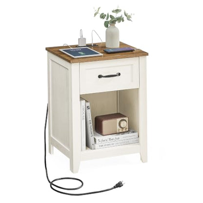 VASAGLE Farmhouse Nightstand with Charging Station, 1 Drawer | Bedside Table, Side Table with Open Compartment, for Bedroom, Rustic White and Honey Brown, LIRY Collection ULET659K41 - color: Rustic White + Honey Brown, size: 1 PACK, style: 17.7"W x 23.6"H