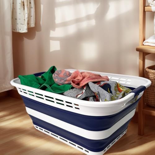 SAMMART 42L (11 Gallons) Collapsible Plastic Laundry Basket - Foldable Pop Up Storage Container/Organizer - Portable Washing Tub - Space Saving Hamper/Basket [BPA Free] (White/Starry Blue (Set of 2)) - color: White/Starry Blue (Set of 2)