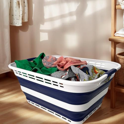 SAMMART 42L (11 Gallons) Collapsible Plastic Laundry Basket - Foldable Pop Up Storage Container/Organizer - Portable Washing Tub - Space Saving Hamper/Basket [BPA Free] (White/Starry Blue (Set of 2)) - color: White/Starry Blue (Set of 2)