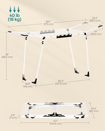 SONGMICS Clothes Drying Rack Foldable, Gullwing Laundry Drying Rack, Space-Saving, 22.2 x 68.1 x 38 Inches, Sock Clips, Metal Structure, for Clothes, Towels, Linens, Indoor, Outdoor White ULLR518W01 - color: White, style: 2 Gullwings（22.2"D)