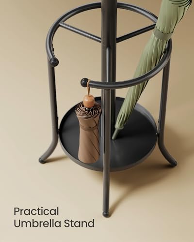SONGMICS Coat Rack Freestanding Metal Coat Rack Stand with 12 Hooks | Coat Rack with Umbrella Holder, Ink Black, URCR011B01V1 - style: with round umbrella holder