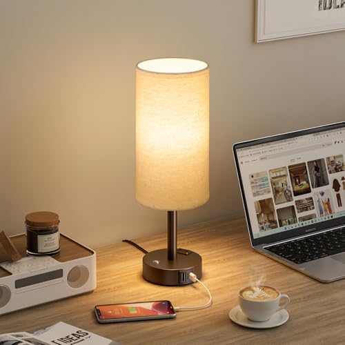 Brown Touch Bedside Lamp for Bedroom, Stepless Dimmable, USB A+C, AC Outlet | Base Touch Button Only, Memory Brightness, Ultra-dim Night Light, Included Bulb for Optimal Dimming, Beige Fabric Shade, Desk - color: Beige & Brown