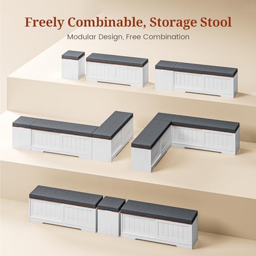 Farmhouse L Shaped Corner Shoe Storage Bench with Cushion Entryway Shoe Rack with Slide Barn Doors, Adjustable Shelf and 1 Cabinet for Entryway Dining Room, Kitchen, Bedroom (White-Brown)