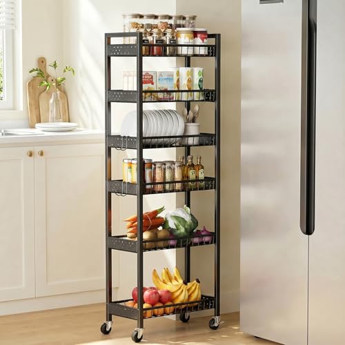 6 Tier Slim Storage Cart, Narrow Rolling Cart with Wheels, 10in(W) | Narrow Mobile Utility Shelf Unit Organizer for Kitchen, Bathroom, Laundry Room, Living Room, Small Places, Black - color: Black, size: 6 Tier(10 in)