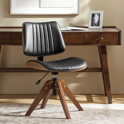 HULALA HOME Faux Leather Home Office Desk Chair No Wheels, Black | Mid-Century Modern Desk Chair with Wood Legs, 360° Swivel Computer Task Chair with Channel-Tufted Backrest, Height Adjustable - color: Black