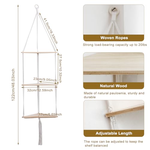 Artilady Corner Shelves Macrame Wall Hanging, 3 Tier Boho Storage | Adjust White Wood Floating Shelf, Rustic Photo Crystal Candle Holder for Small Space, Bedroom Living Room Display Wall Decor - color: White - 3 Tier Macrame