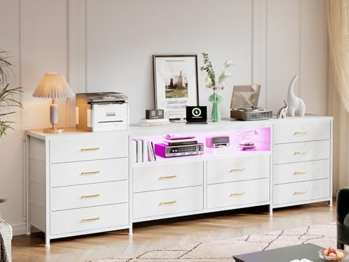 EnHomee 12 Drawers Dresser for Bedroom,TV Stand Fits 55/65/70 inch TVs | Entertainment Center with LED Lights & Power Outlets,Long Fabric Dresser with 2 Wood Shelves for Living Room,White PU Leather - color: White