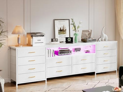 EnHomee 12 Drawers Dresser for Bedroom,TV Stand Fits 55/65/70 inch TVs | Entertainment Center with LED Lights & Power Outlets,Long Fabric Dresser with 2 Wood Shelves for Living Room,White PU Leather - color: White