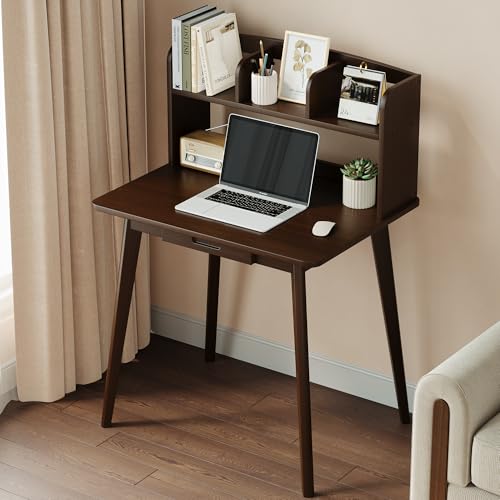 IOTXY Small Writing Desk with Hutch - 31.5" Work Computer Study Table | Black Walnut, Storage Drawer, Space-saving for Home and Office, with Bookshelves - color: Black Walnut, size: 31.5-Inch