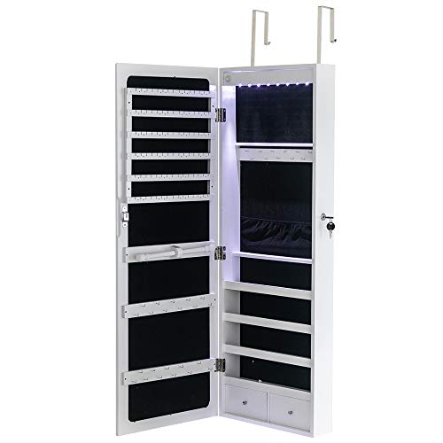 42.5" Wood Jewelry Mirror Cabinet,Wall or Door Mounted Jewelry Storage Cabinet,Space-Saving Large Jewelry Armoire Organizer,with Lock & LED Lights,for Living Room, Bedroom, Cloakroom (White) - size: 37x10x108cm
