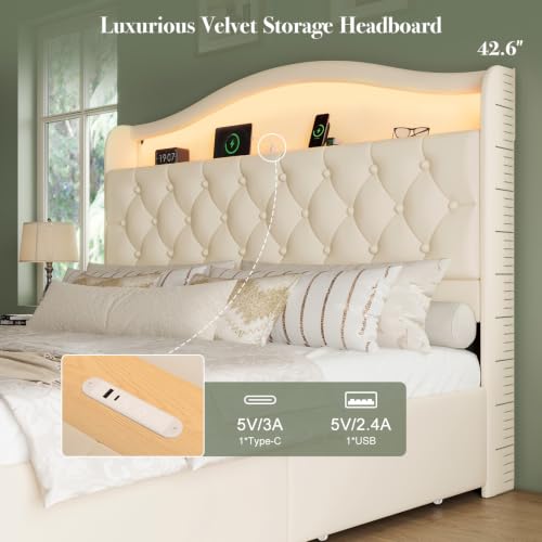 Queen Size Bed Frame and Headboard & 4 Storage Drawers | Upholstered Platform Bed Frame with RGB LED Lights & Charging Station, No Box Spring Needed, Easy Assembly, Noise-Free, Beige
