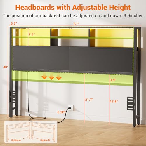 Aheaplus Headboard for Queen Size Bed with Storage, Headboards with Outlets, USB Ports and LED Light, Queen Size Head Board Only, Height Adjustable, Reversible, Sturdy and Stable Headboard, Black - color: Black, size: Queen, style: Wood