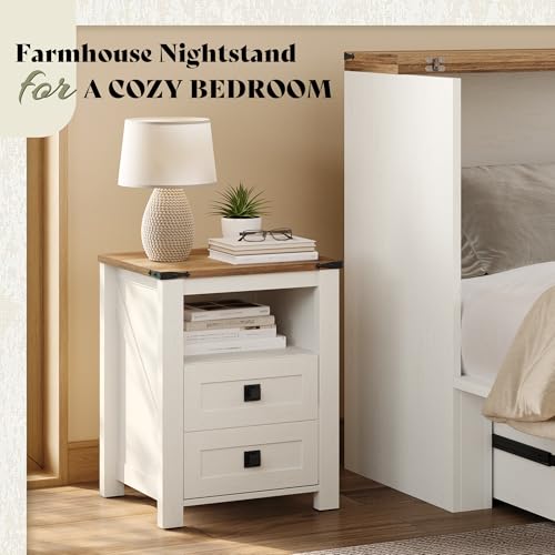 AMERLIFE Farmhouse Wood Nightstand Set of 2, End Table with Drawers, White | Narrow/Small 18" Bedside Table with Open Shelf, Wooden Night Stand for Bedroom/Home Office, Rustic White + Honey Brown - color: Rustic White + Honey Brown